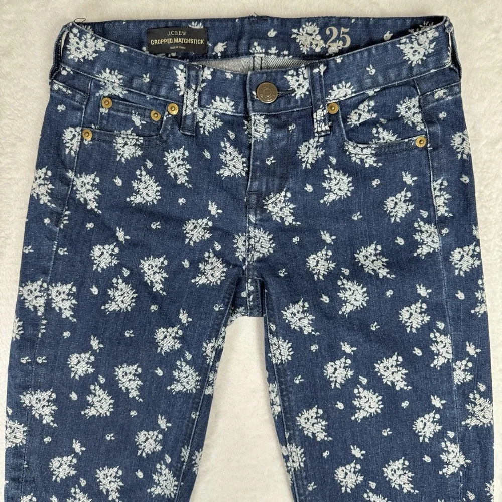J.Crew Cropped Matchstick Jeans Size 25 Floral Print‎ Low Rise Retro Blue White